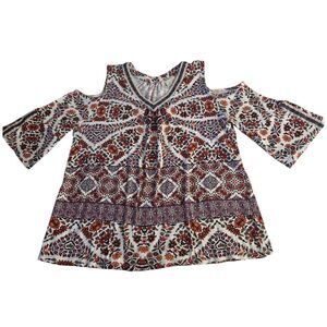 Style & Co Cold Shoulder Embroidered Trim Cotton Boho Chic Top Multicolor Size L